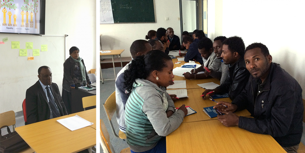 Koulutuksen osallistujia ja Dr. Abebe kouluttamassa.