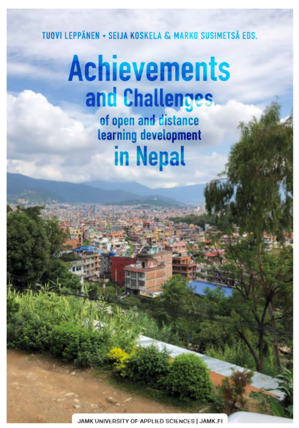 publication's cover, Achievements an challenges of open and distance learning development in Nepal, view over a nepalese city and mountains