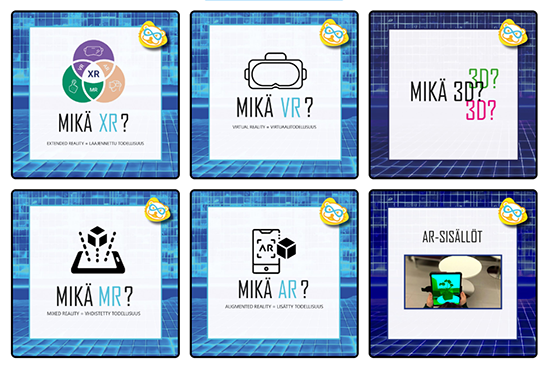 Neliönmuotoisia kortteja, joissa tekstejä, kuten esimerkiksi Mikä VR? Mikä MR?