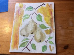 Akryyliväreillä tehty maalaus päärynääpuun oksasta.