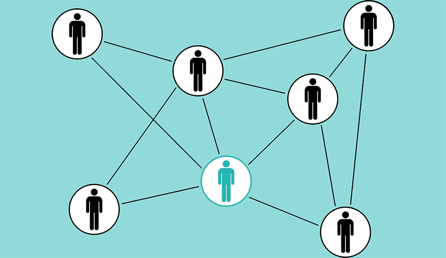 Piirroskuvassa ihmishahmoja yhdistettynä toisiinsa viivoilla verkostoksi.