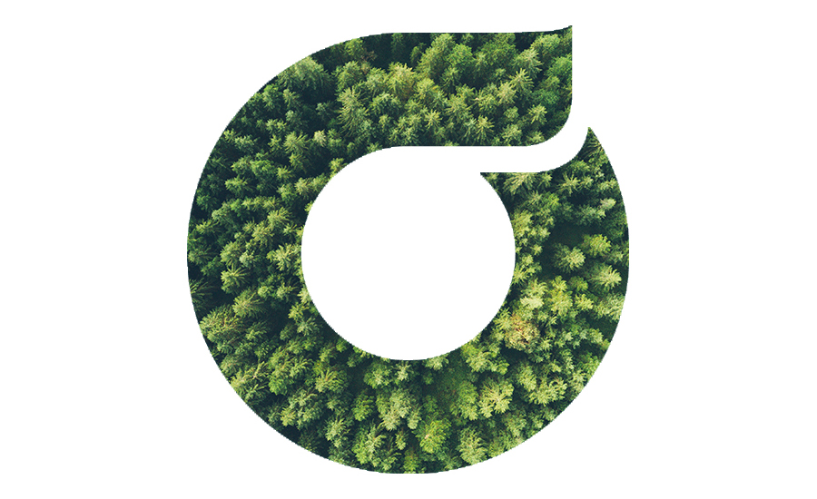 Ohjaamo-logo, jonka täyttövärinä on ilmakuvaa metsästä.