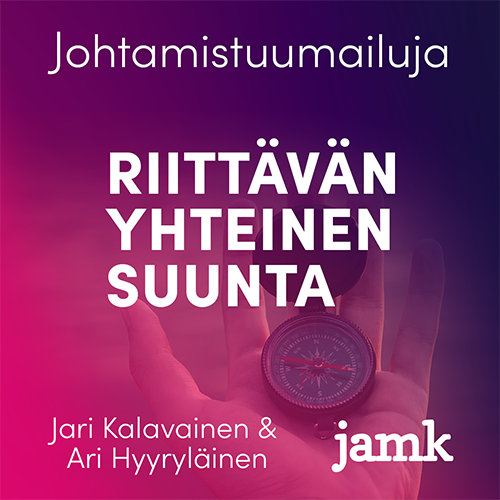 Riittävän yhteinen suunta, Jari Kalavainen ja Ari Hyyryläinen. Taustalla käsi, joka pitelee kompassia.