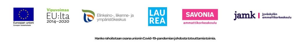 Mission Positive Handprint -hankkeen rahoittajalogot: Euroopan sosiaalirahasto, Vipuvoimaa EU:lta 2014 - 2020, ELY-keskus, Laurea, Savonia, Jamk.